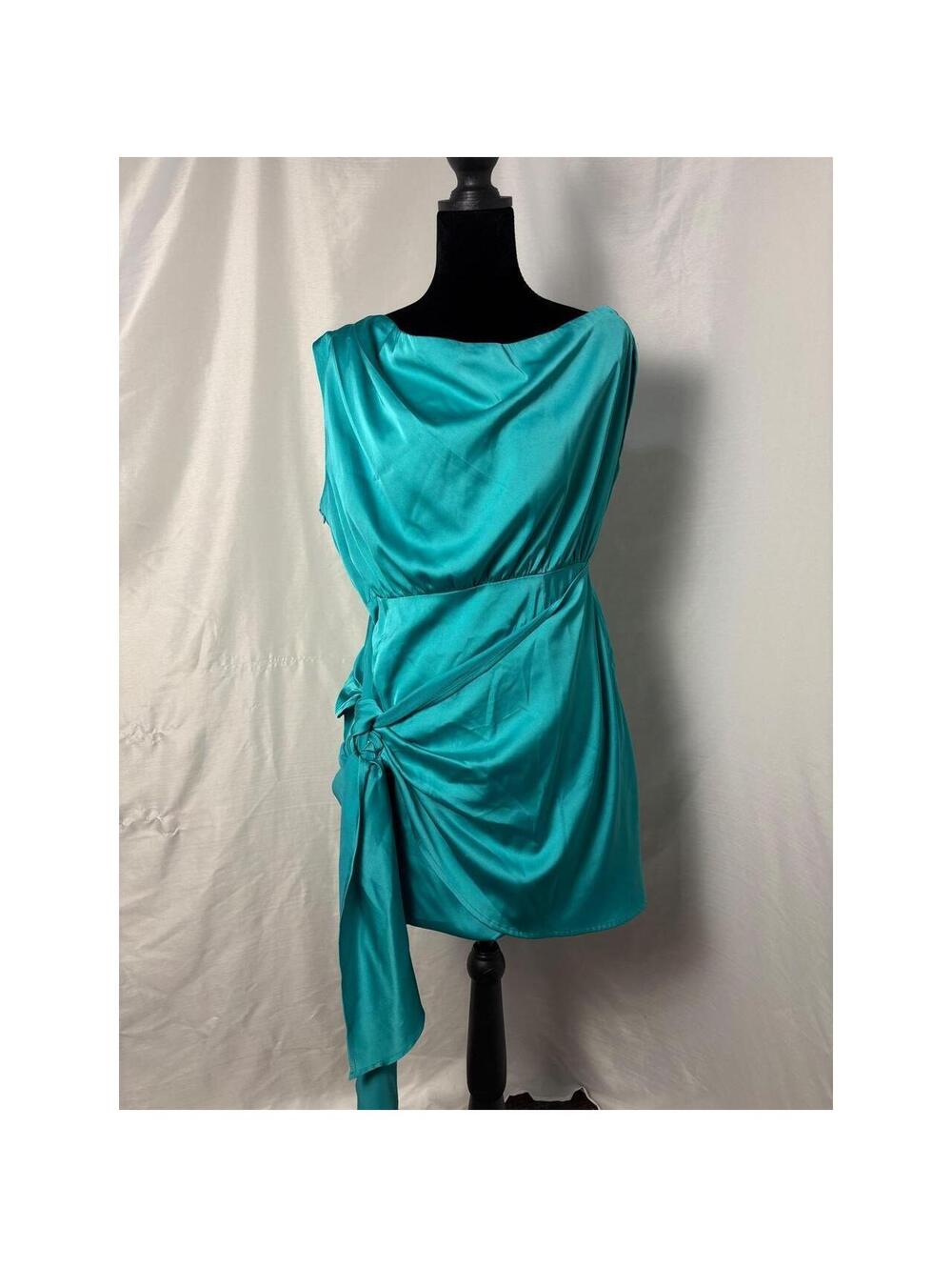 RNWY Teal Satin Cowl Neck Mini Dress Side Tie Drape Turquoise Size M US 6